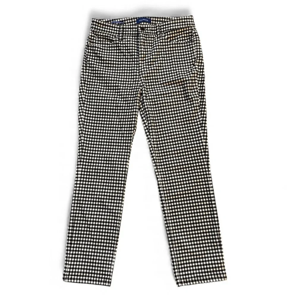 Talbots Stretch Corduroy Straight Leg Pants Buffalo Plaid Preppy Black White 6P